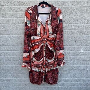 Fashion Nova 2X Mixed Print Ruched Button Front Dress Long Sleeve Boho Patchwork